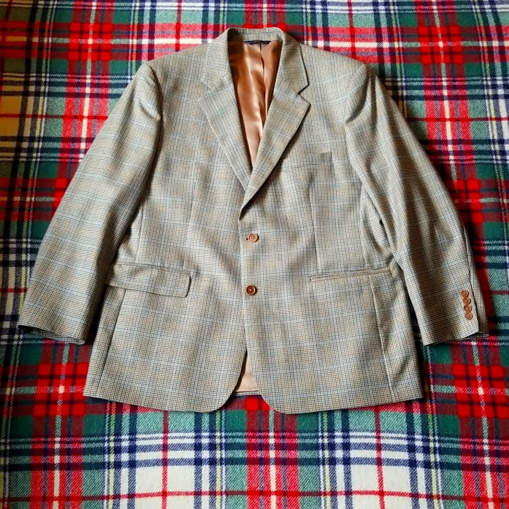 Brooks Brothers Sport Coat Tan Navy Houndstooth Two Button Wool Mens 46 R